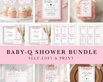 BBQ Baby Shower Bundle, Baby Q Invitation and Welcome sign Party Set, Pink Gingham Baby Shower Decor Kit, Editable Template, PBQ
