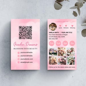 Carte de visite Instagram aura coeur rose modifiable avec code QR pour salon de beauté spa, carte de visite IG pour fleuriste, carte de visite bricolage esthéticienne