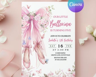 Floral Bow Ballet Birthday Invitation, Pink Ballerina Birthday Invite Girls, Tutu Cute Dance and Twirl, Editable Canva Template