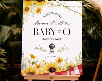 Baby Q Welcome Sign, Red Gingham BBQ Baby Shower Poster, Sunflower Sprinkle Party Decor, Editable Template, Digital Download