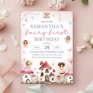 Editable Pink Fairy First Birthday Invitation Template, DIY Enchanted Fairy 1st Birthday Invite, Floral Butterfly Magical Garden Party Evite