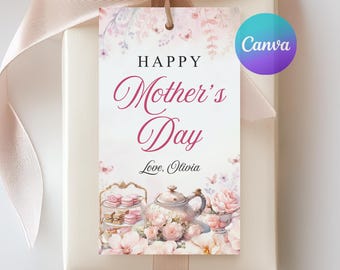 Happy Mothers Day Gift Tag, Mother's Day Tea Party Decor, Pink Floral Favor Tag, Mothers Day Cookie Tag, Editable Canva Template, MO1