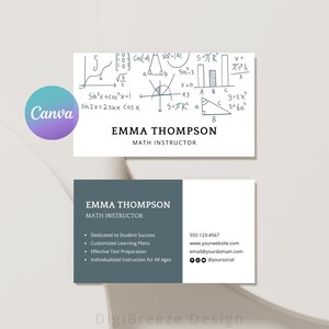 Visitekaartje voor wiskundebijles, visitekaartje voor privé-bijlesdocent wiskunde, bijlesdocent algebra, meetkunde en calculus, bewerkbaar Canva-sjabloon