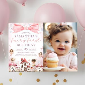 Convite editável de primeiro aniversário de fada com laço rosa com foto, convite de primeiro aniversário de fada encantada faça você mesmo, convite para festa de jardim com borboletas florais