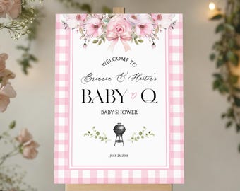 Cartello di benvenuto per baby shower con barbecue, poster Girl Baby Q, decorazioni per feste con granella di gingham rosa, modello modificabile, download digitale, PBQ