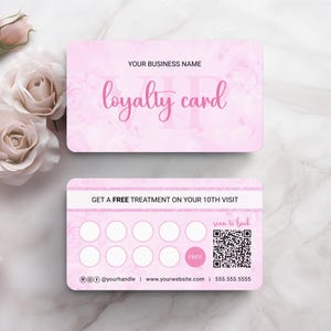 Modelo de carimbo de cartão de fidelidade de salão de beleza de rosas rosa personalizado, cartão de recompensas para clientes florais editáveis faça você mesmo, cartão perfurado VIP para tecnologia de unhas, cabelos e cílios