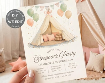 Sleepover Birthday Party Invitation, Girls Slumber Party Invite, Pajama Party, Glamping Birthday Digital Download, Editable Canva Template