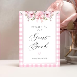 Floral Guest Book Sign: Pink Gingham, Editable Template (Digital Download)