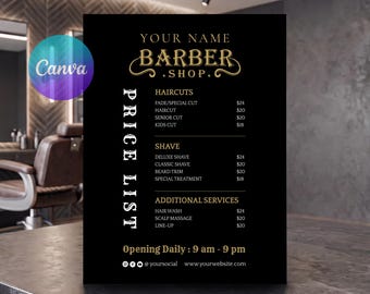 Barbershop Price List, Barber Price Menu, Black Barber Service Flyer, Haircut Pricing Template, Editable Business Sign, Canva