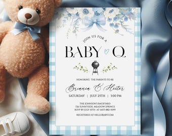 Blaue Gingham BBQ-Babyparty-Einladung, Hinterhof-Baby-Q-Dusche einladen, Blumensprenkel-Party druckbare, bearbeitbare Vorlage, digitaler Download