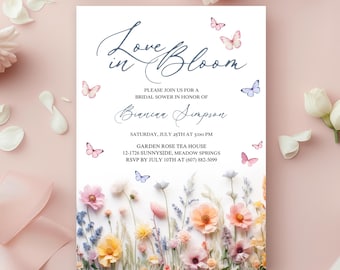 Wildflower Bridal Shower Invitation, Love in Bloom Invite, Editable Floral Bridal Brunch, Butterfly Garden Party Printable, Digital Download