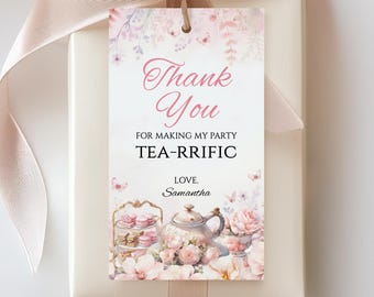 Pink Floral Tea Party Favor Tag, Girls Birthday Thank You Gift Tags, Time for Tea Party Decor, Garden Brunch Favor, Editable Template