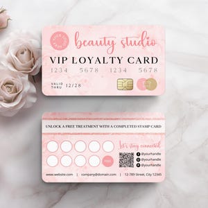 Blush Pink Rose Beauty Salon Cartão de Crédito Fidelidade Modelo de Selo, Cartão de Recompensas para Clientes Editável, Cartão VIP Punch para Nail Hair Lash Tech
