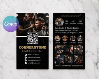 Barber Business Card with QR Code, Barbershop Business Card with Photo, Hair Stylist Instagram Business Card, Editable Canva Template