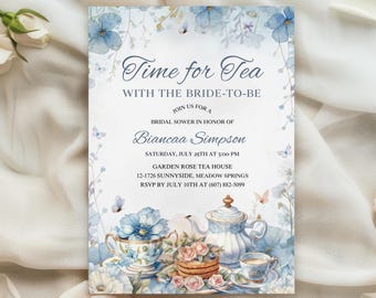 Blue Floral Bridal Shower Tea Party Invitation, Time for Tea Invite, High Tea Bridal Brunch, Wildflower Wedding Brunch Printable Template