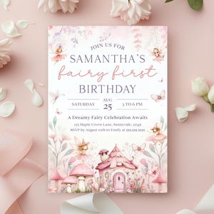 Editable Pink Fairy First Birthday Invitation Template, DIY Enchanted Fairy 1st Birthday Invite, Floral Princess Magical Garden Party Evite