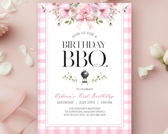 Editable Rustic First Birthday BBQ Invitation Template, Backyard BBQ 1st Birthday Party  Invite, Girl Birthday Cookout Invite Printable