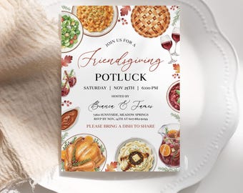 May include: A Friendsgiving potluck invitation on a white plate. The invitation features watercolour illustrations of various dishes and autumn leaves. Text includes "Join us for a Friendsgiving Potluck" and event details.