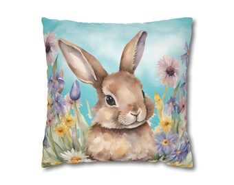 Home Decor Farmhouse Throw Pillow, Watercolor Bunny Rabbit Wildflowers Easter Throw Pillow Double Sided with 2 Different Bunnies