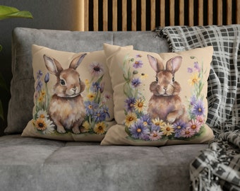 Home Decor Springtime Watercolor Bunny Rabbit and Wildflower Reversable Double Sided Beige Canvas Pillow Case