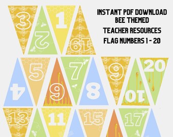 Recursos para profesores - Banderas numéricas con temática de abejas 1-20 PDF imprimir