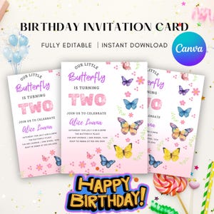 Convite de 2º aniversário de borboleta | Modelo editável | Convite para festa floral no jardim para meninas | Download instantâneo | Convite para criança de dois anos.