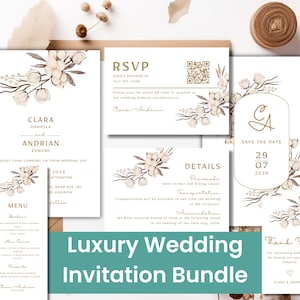 Lot de faire-part de mariage de luxe en coton | Modèles de toile modifiables | Suite de mariage élégante | Téléchargement numérique | Ensemble d'invitations à imprimer