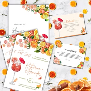 Amour orange à la première douche nuptiale Spritz faire-part | Modèle de toile modifiable | Thème Agrumes Apérol | Téléchargement numérique imprimable 5 x 7