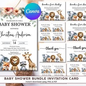 Safari-Babyparty-Paket | Einladen, Danke-Karte, Buch für Baby | Dschungel-Tiere-Thema | Bearbeitbar und druckbar | Sofort Download.