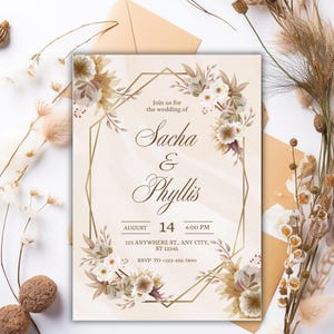 Convite de casamento rústico com flores bege e marrom, modelo editável, convite floral vintage, cartão de casamento para impressão, download instantâneo.