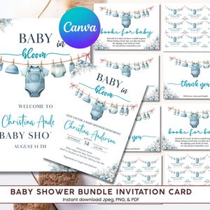 Ensemble de douche bébé en fleurs pour garçon | Invitation florale bleue, remerciement, livre pour bébé, plaque de bienvenue | Modifiable et imprimable | Téléchargement instantané.