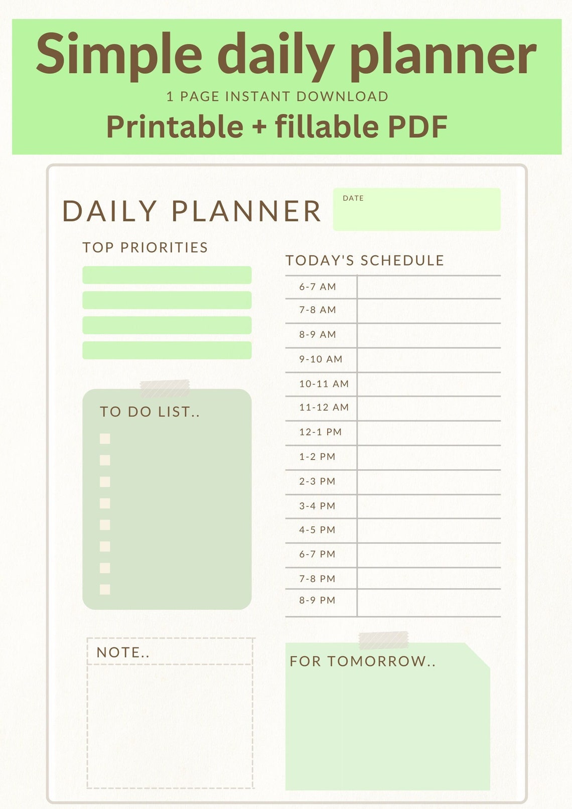 Sleek Green Daily Planner - Printable Organizer, Instant Download ...