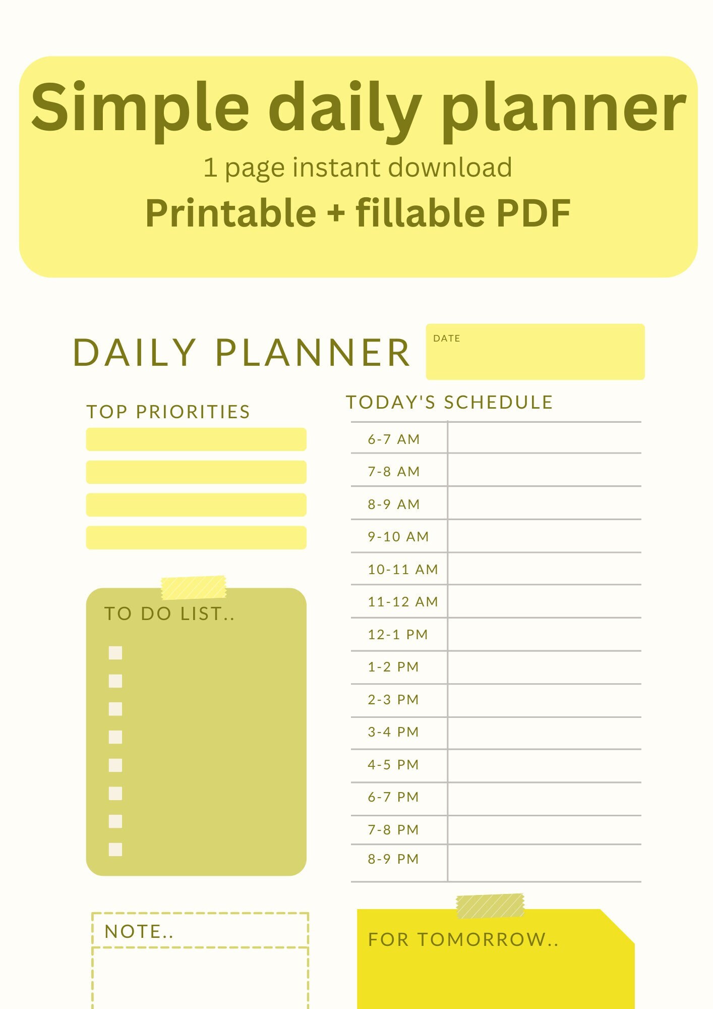 Simple Daily Planner Yellow Printable, Instant Download, Minimalist ...