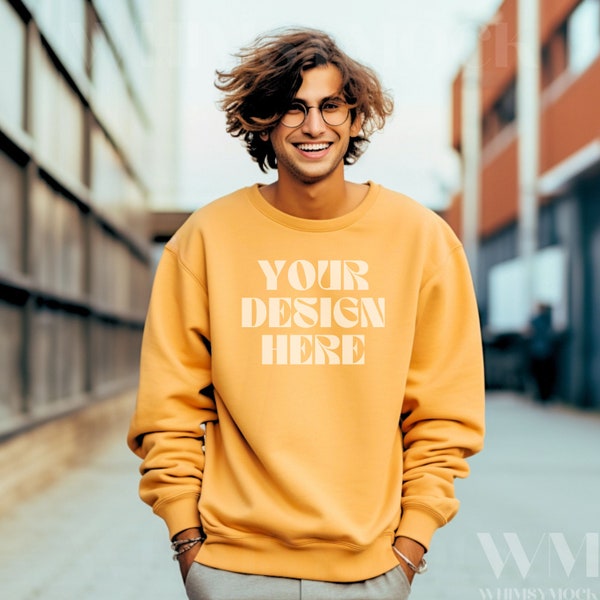 Mans Gold Color Gildan 18000 Mockup, Gildan 18000, Gold Sweatshirt Mockup, Gold Crewneck mockup, Mans Gold Shirt Mockup