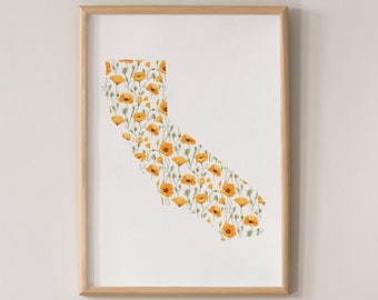 State Flower Prints - California - California Poppy - Floral Print - State Map - Poster