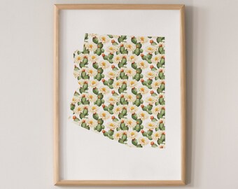 State Flower Prints - Arizona - Saguaro Blossom - Floral Print - State Map - Poster