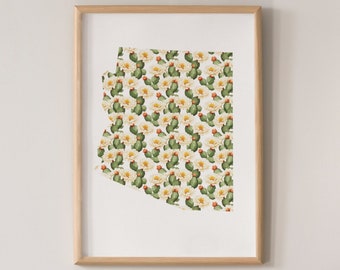 Descarga digital - Estampados de flores estatales - Arizona - Flor de Saguaro - Impresión floral - Mapa estatal - Póster