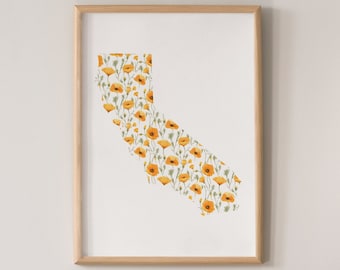 Digital Download - State Flower Prints - California - California Poppy - Floral Print - State Map - Poster