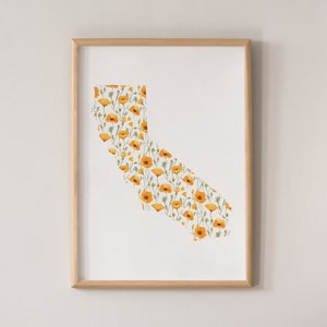 Descarga digital - Estampados de flores estatales - California - Amapola de California - Impresión floral - Mapa estatal - Póster