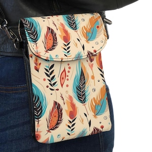 Cartera para teléfono estilo boho, tarjetero para teléfono móvil con diseño de vaquera occidental, funda tribal para teléfono, funda boho para teléfono, cartera para teléfono móvil con plumas del suroeste