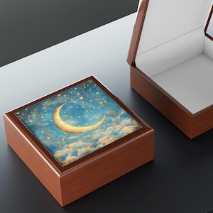 Moon Trinket Box, Celestial Jewelry Holder, Lunar Storage Case, Night Sky Organizer, Crescent Moon Decor, Starry Night Gift