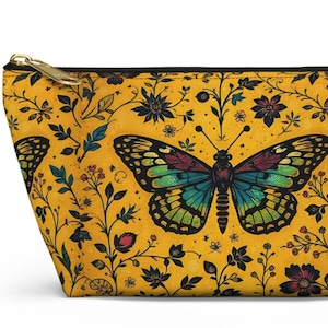 Butterfly Makeup Bag, Accessory Pouch w T-bottom, Floral Makeup Bag, Botanical Travel Case, Cosmetic Organizer, Flower Toiletry Bag
