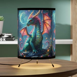 Mythical Dragon Tripod Lamp with High-Res Printed Shade, Mystical Table Lamp, Fantasy Cozy Light, Reading Area Decor, Nursery Night Light