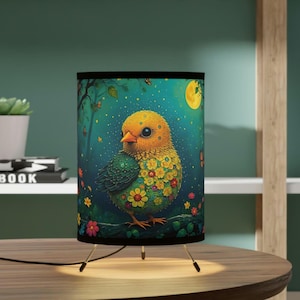 Whimsical Table Lamp, Woodland Floral Bird Tripod Lamp - High-Res Printed Shade, Cozy Lighting for Living Room or Bedroom, Bird Night Light