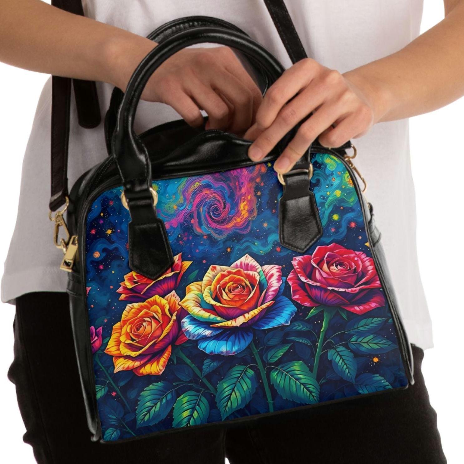 Fantasy Rose Shoulder Bag, Floral Handbag, Women's Purse, Pink Rose Tote, Gift for Her, Boho Chic Bag