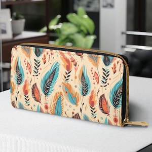 Feder Boho Azteken Reißverschluss Geldbörse, Westliche Accessoires Clutch Bag, Tribal Design Beutel, Südwestern Geldbörse, Navajo Print Geldbörse