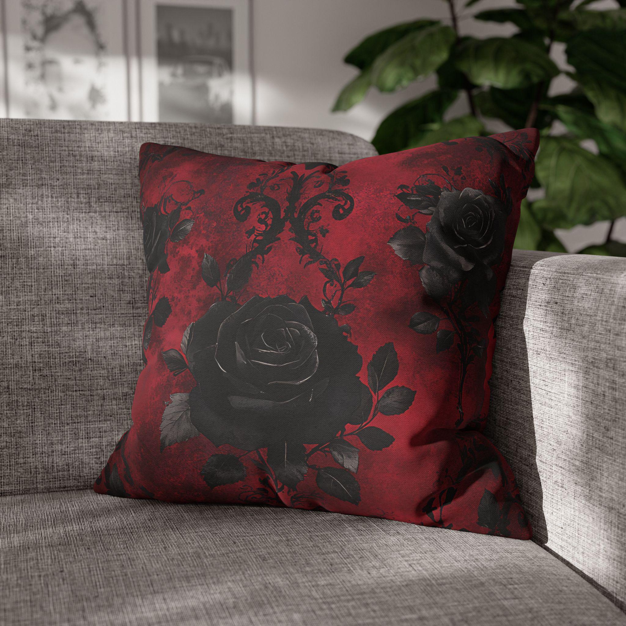 Gothic Rose Pillowcase, Spun Polyester Square Pillow Cover, Home Decor Cushion, Halloween Goth Room Accent, Dark Floral Gothic Decor