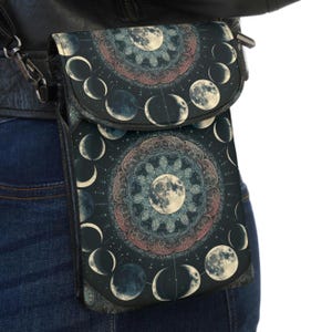 Portafoglio celeste - Borsa a tracolla celeste, Borsa con fasi lunari, Borsa con luna e stelle, Custodia per cellulare, Telefono con notte stellata
