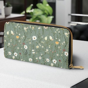 Cartera con cremallera con diseño floral bohemio, cartera de mano verde para mujer, monedero con estampado de flores, tarjetero bohemio, organizador de bolsos pequeños