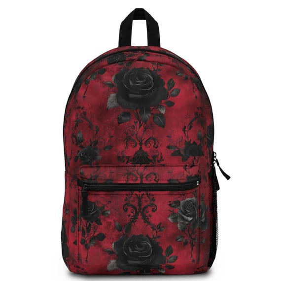 Gothic Floral Backpack | Red Black Rose Pattern School  display picture 1